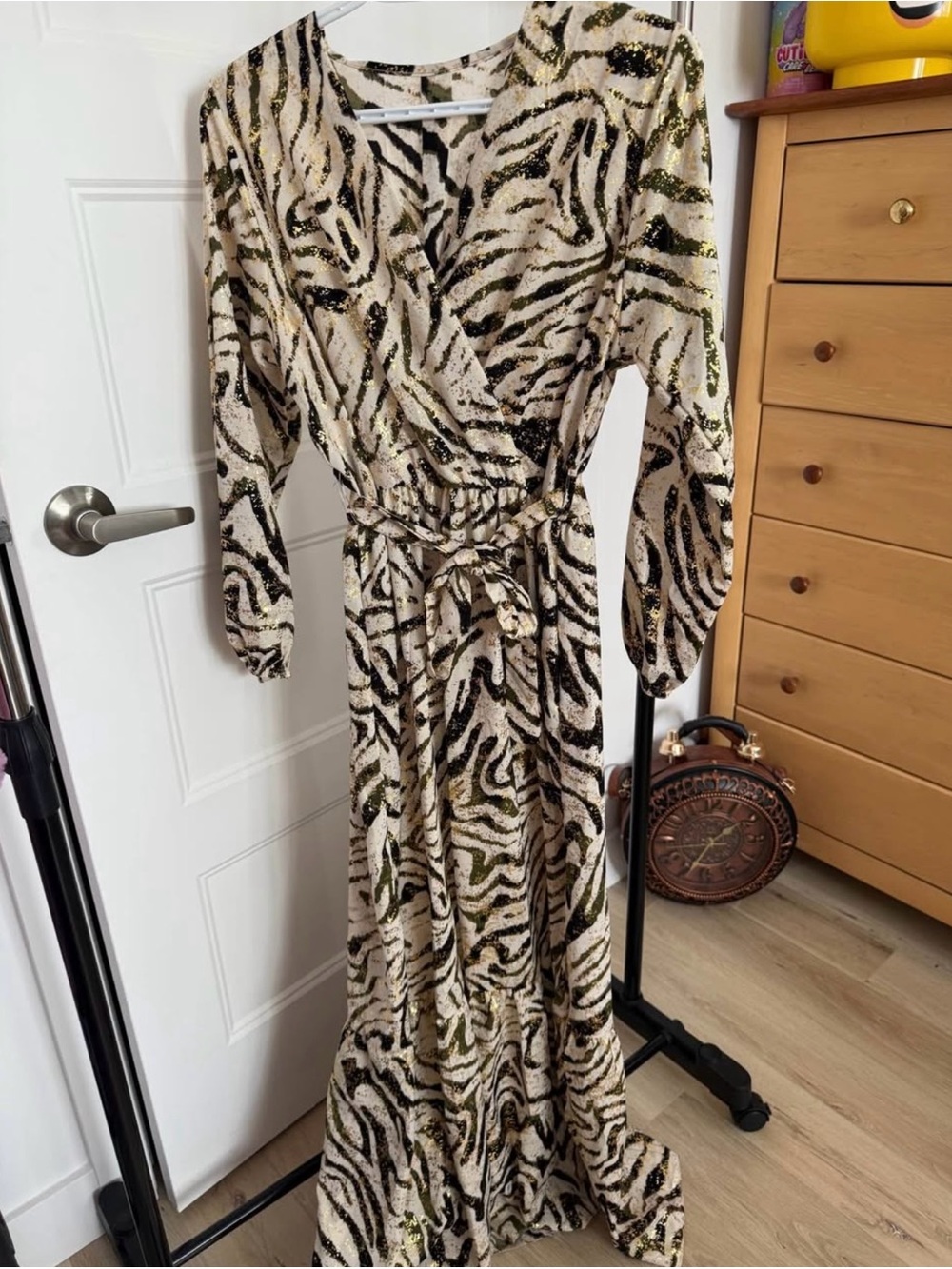 Sequin Zebra Wrap Maxi Dress - Ivory & Black